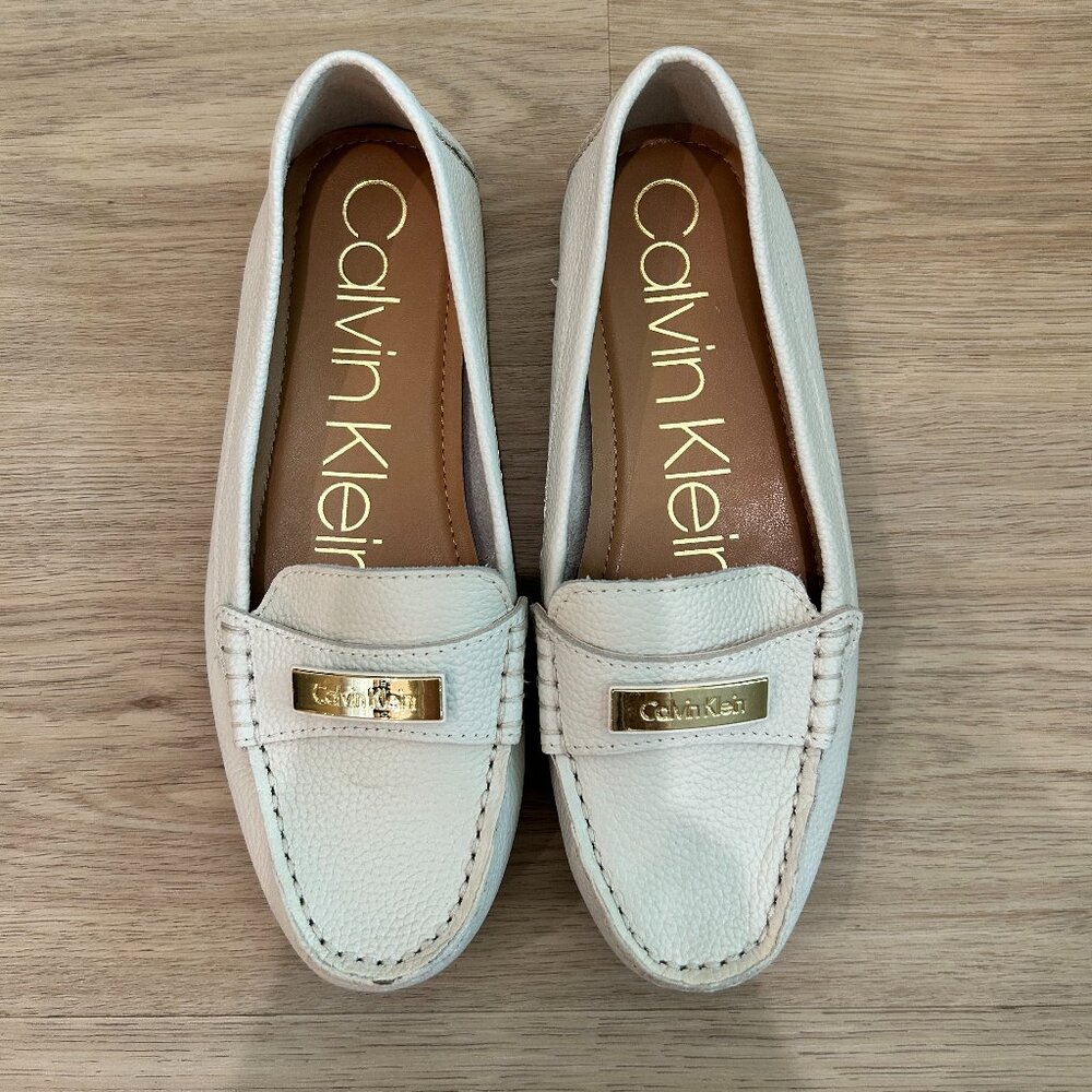 Women's Calvin Klein White Loafers Size 6 with Gold Accents Like New!